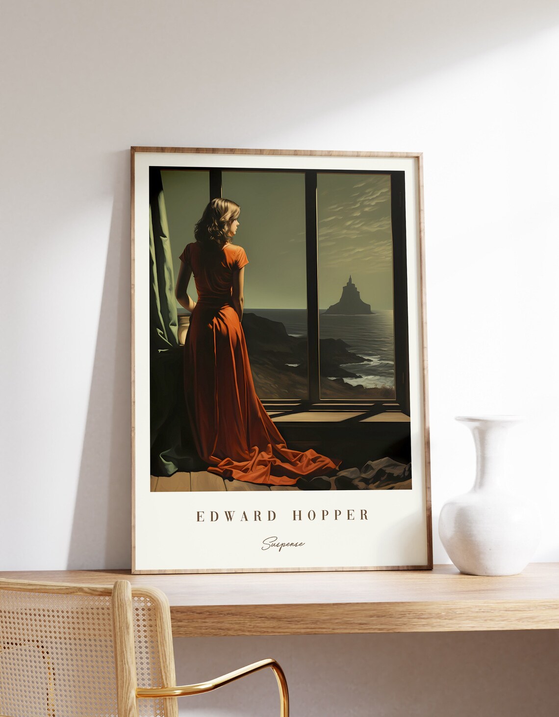 Edward Hopper Suspense Woman Rust Dress Coastal Window Dusk Scene Poster