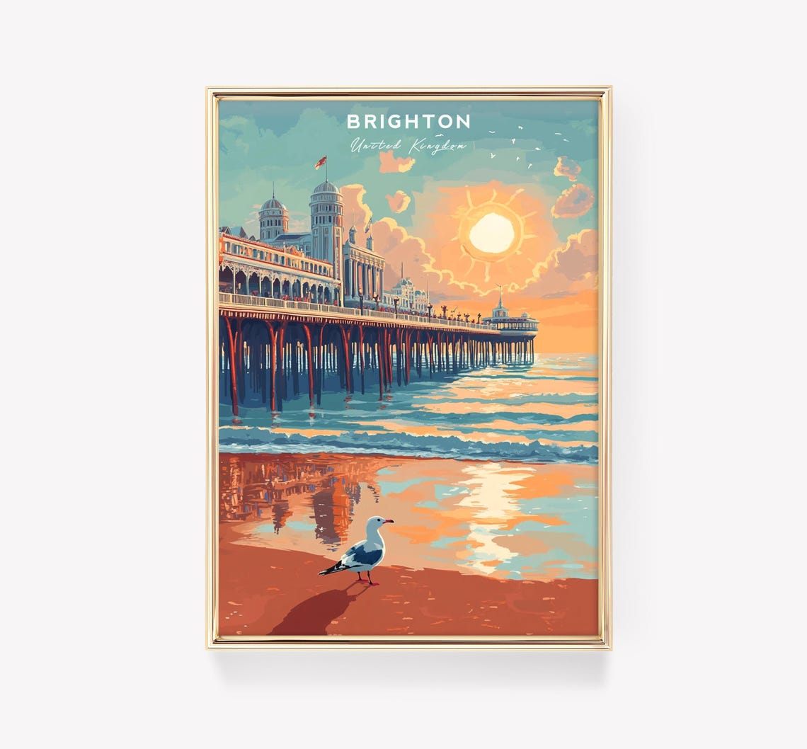Brighton United Kingdom Pier Seagull Sunset Beach Travel Poster