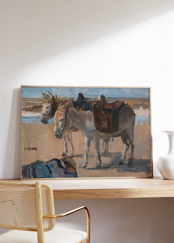 Donkey Poster Print Painting Farmhouse Farm Animals Vintage Nursery Wall Decor Landscape Canvas Gift
