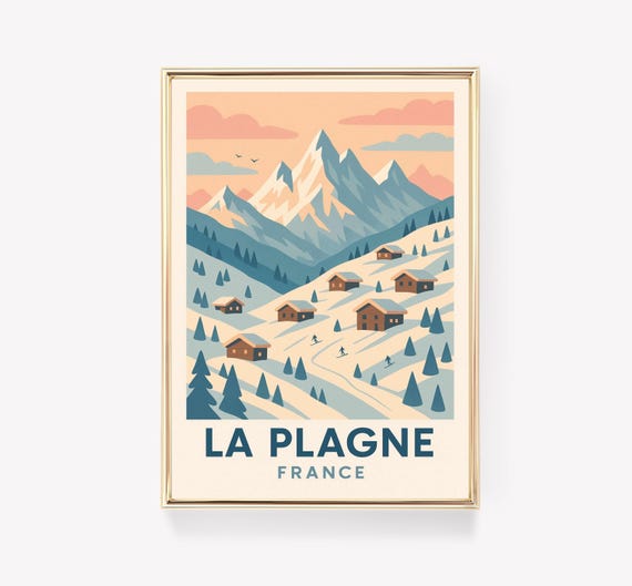 La Plagne Vintage Travel Poster French Wall Art Ski Resort Print Retro Decor France Gift