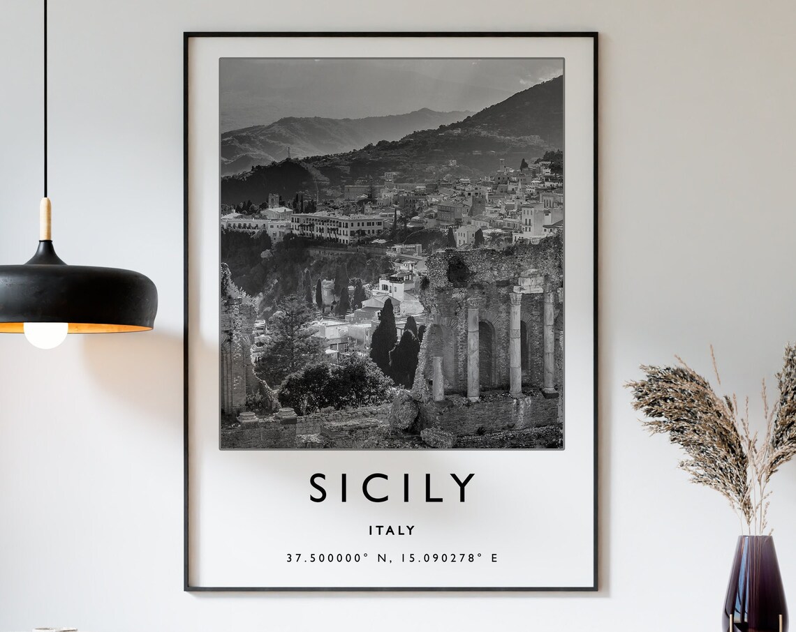Sicily Italy Travel Poster, Black and White