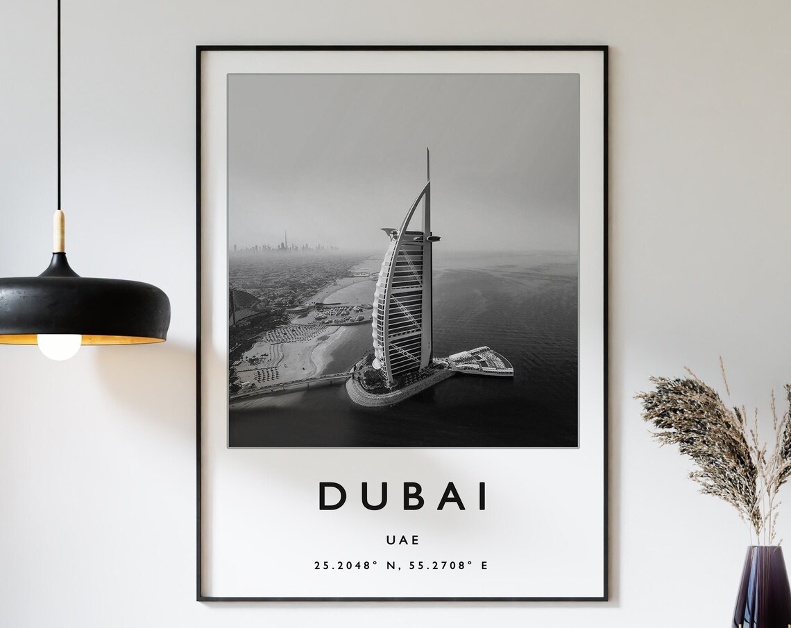 Dubai UAE Burj Al Arab Sail Hotel Black White Aerial Photo Poster