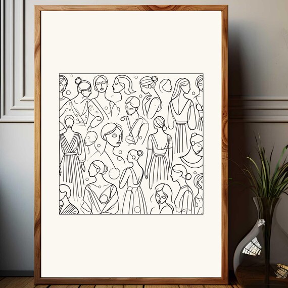 Crowd Of Women In Dresses Minimalist Black And White Line Art Print