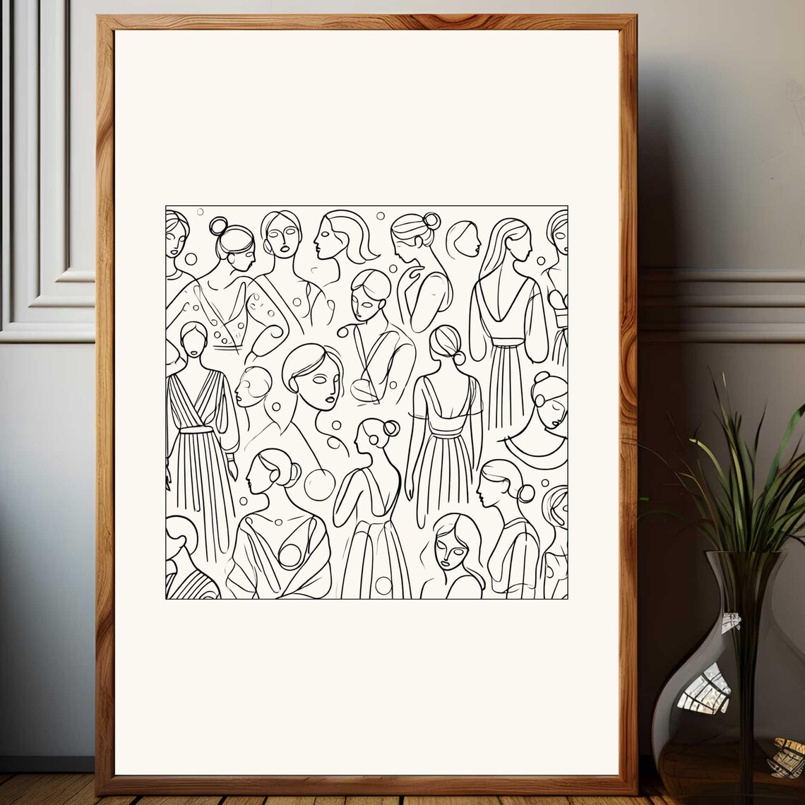Crowd Of Women In Dresses Minimalist Black And White Line Art Print