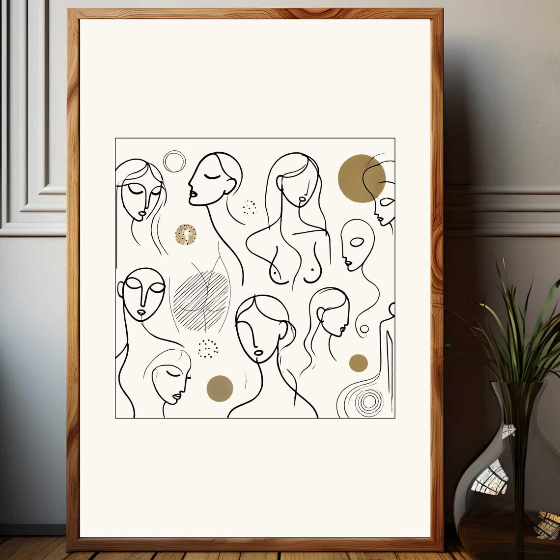 Women Faces One Line Drawing With Beige Dots Abstract Portrait Print