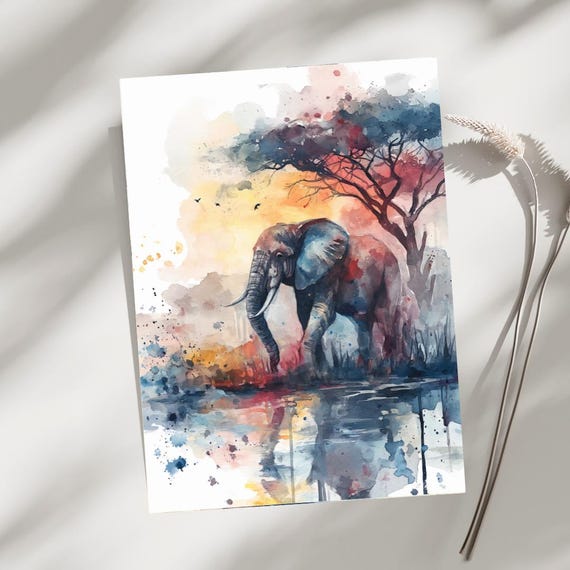 Elephant By The Water Watercolor Art Print Wildlife Wall Safari Nature Poster African Landscape Decor Boho Modern Artwork