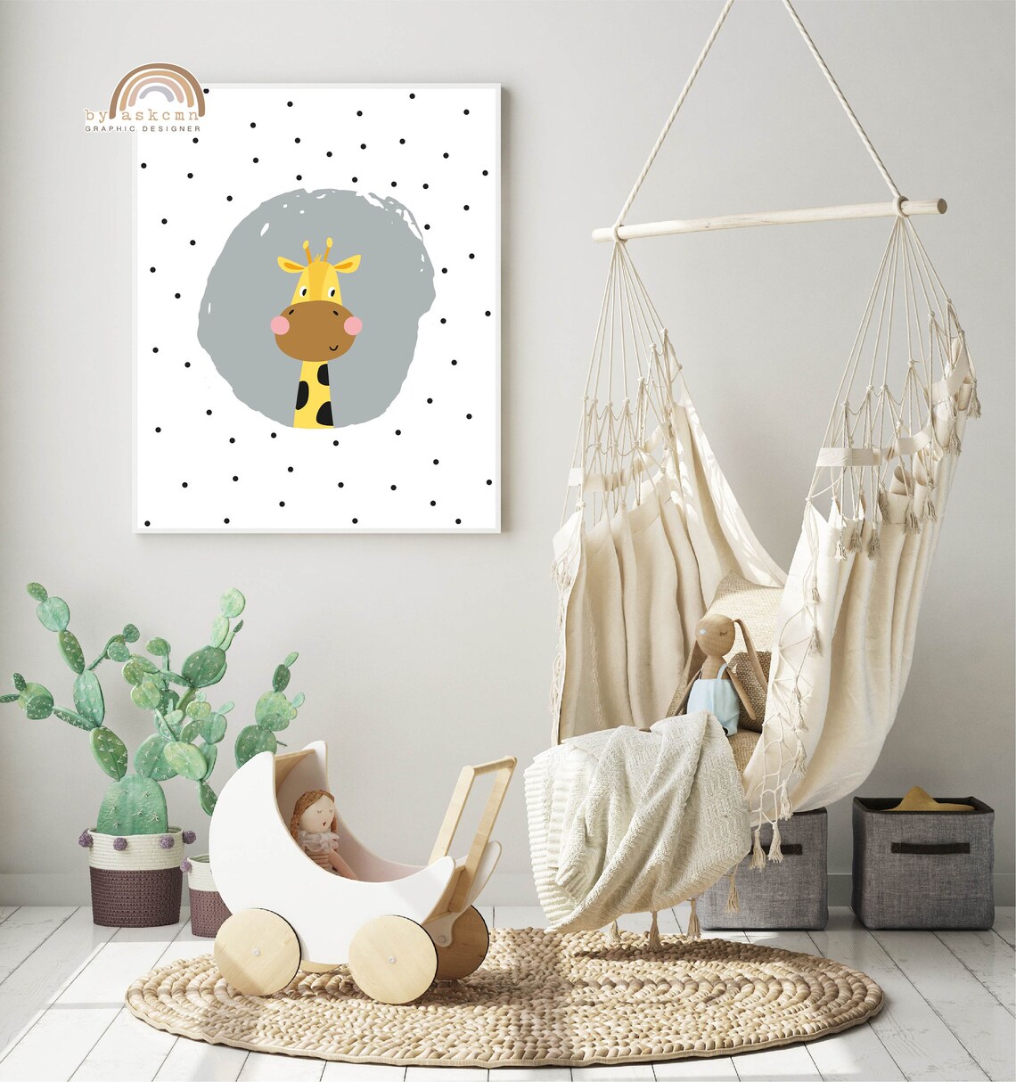 Cute Baby Giraffe Nursery Gray Circle Safari Kids Room Poster - Image 3