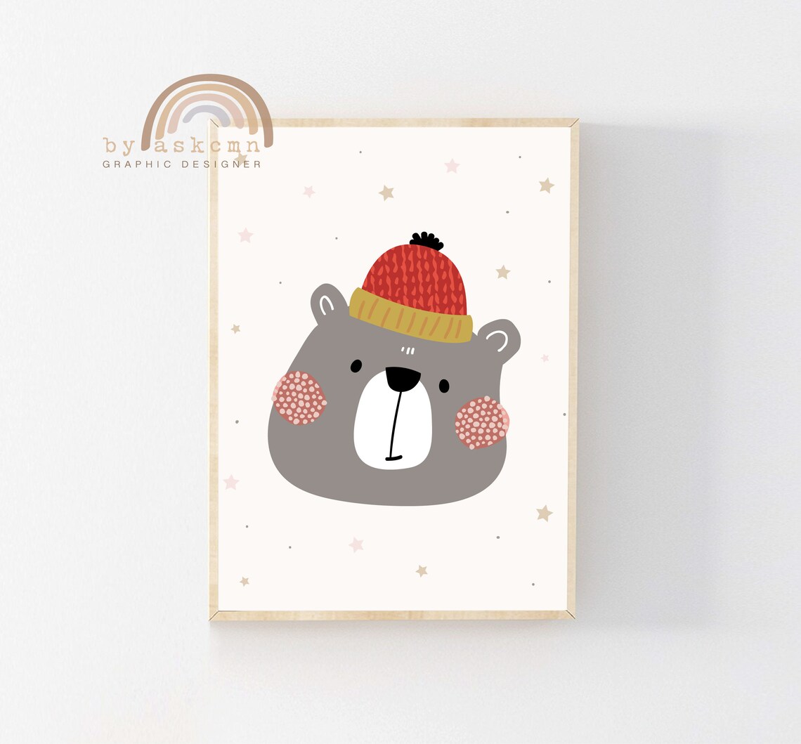Cute Smiling Bear Cub In Red Knit Hat With Stars Nursery Poster