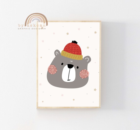 Cute Smiling Bear Cub In Red Knit Hat With Stars Nursery Poster