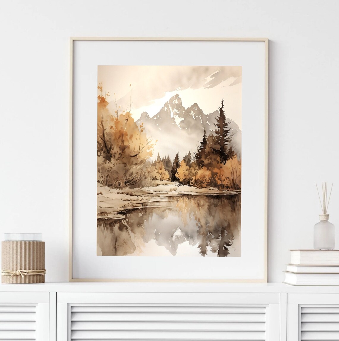 Grand Teton Autumn Lake Reflection Golden Foliage Watercolor Poster - Image 4