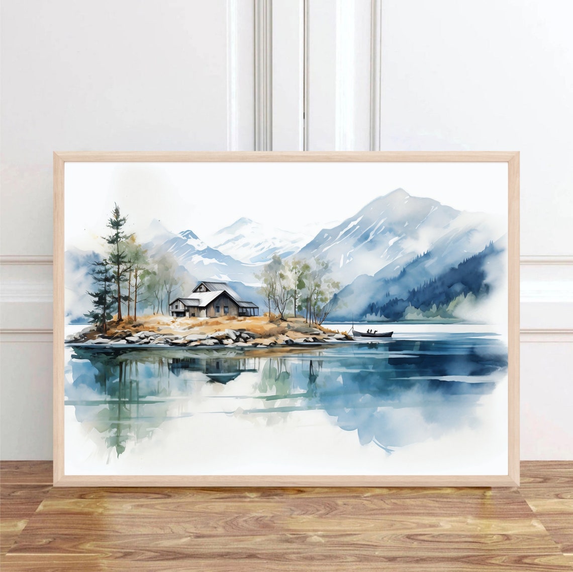 Mountain Lake Cabin Snowy Peaks Reflection Watercolor Poster - Image 2