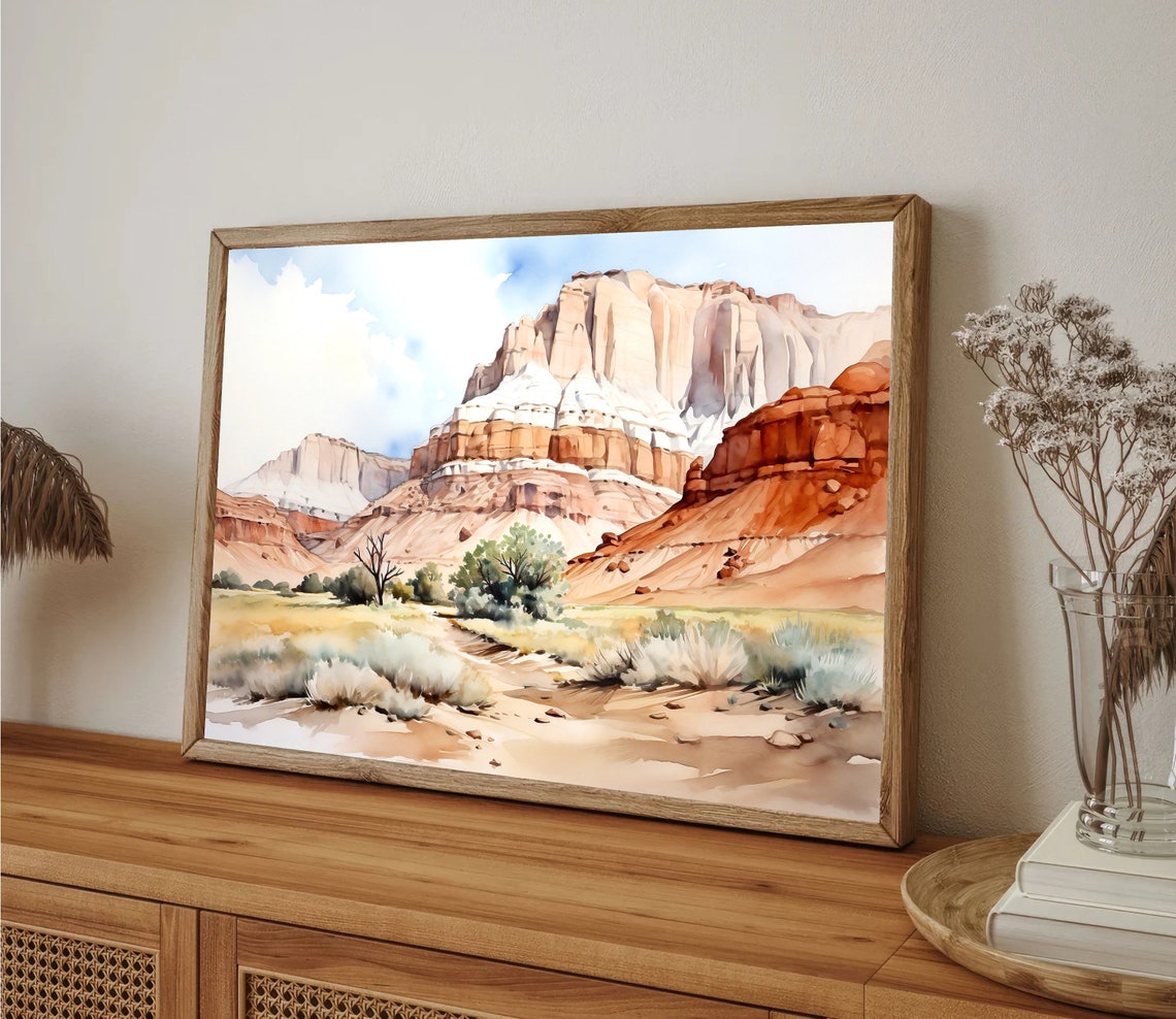 Red Rock Desert Canyon Watercolor with Cliffs and Shrubs Poster - Image 2