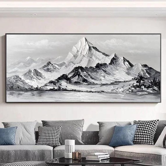 Snowy Mountain Oil Painting Black White Landscape Artwork Handmade 3d Texture Acrylic Painting Abstract Horizontal Mountain Side Art