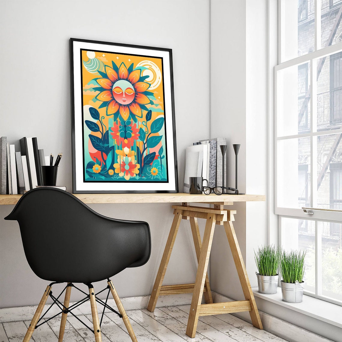 Smiling Sun Flower Face Boho Floral Garden Illustration Poster - Image 3