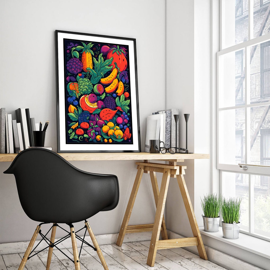 Vibrant Fruit And Vegetable Harvest Dark Background Art Poster - Image 3