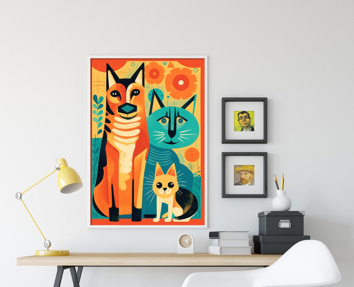 Folk Art Dog and Cat Pair Orange Teal Floral Illustration Poster - Image 4