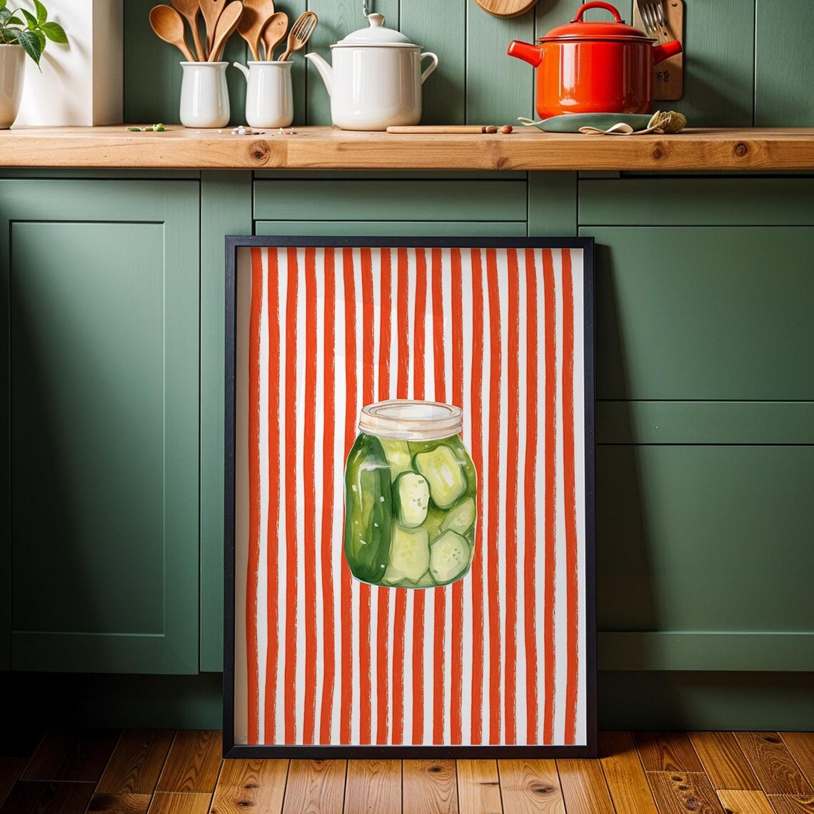 Watercolor Pickle Jar Red White Stripe Retro Kitchen Art Poster - Image 4