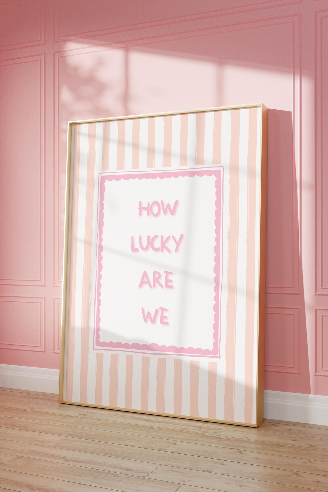 How Lucky Are We Pink Quote Peach Striped Girly Typography Positive Poster