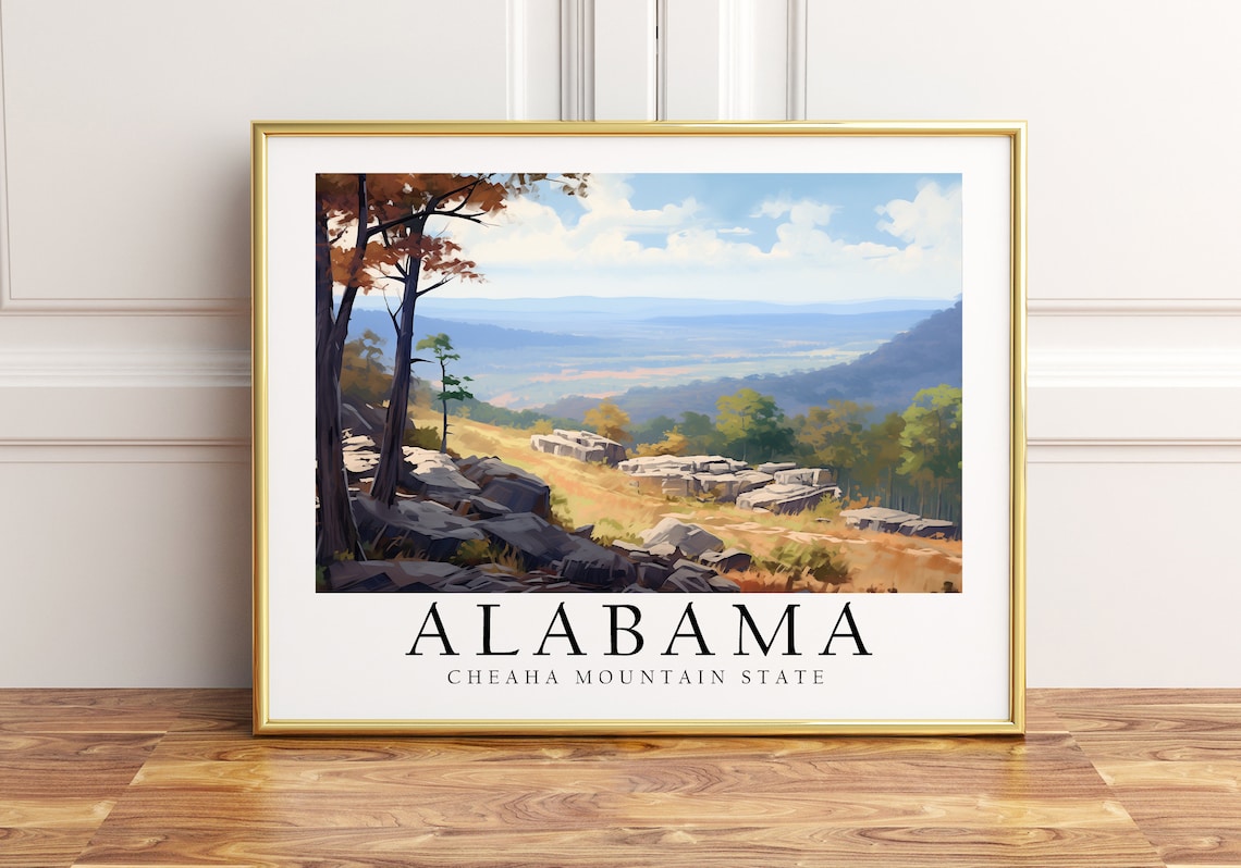 Alabama Cheaha Mountain State Autumn Vista Watercolor Travel Poster