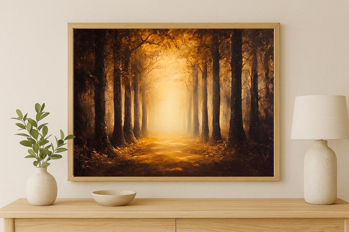 Golden Autumn Forest Path Painting Misty Glowing Nature Poster
