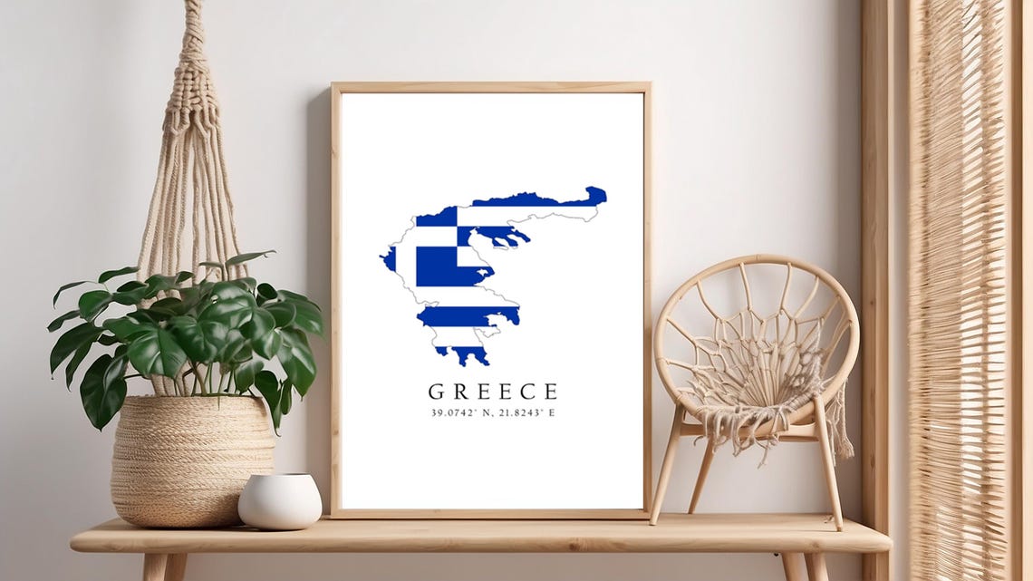 Greece Flag Map Poster Blue White Stripes Country Coordinates Art