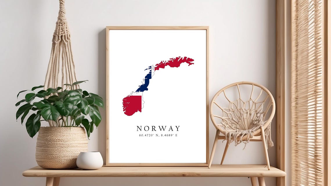 Norway Map Print Flag Latitude Longitude Coordinates Poster Wall Art Home Dcor