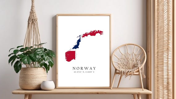 Norway Map Print Flag Latitude Longitude Coordinates Poster Wall Art Home Dcor