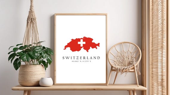 Switzerland Map Print Flag Latitude Longitude Coordinates Poster Wall Art Home Dcor