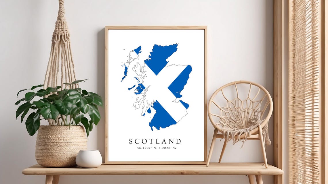 Scotland Flag Map Poster Blue White Saltire Country Coordinates Art