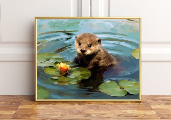 Otter In The Water Monet Style Painting Poster Prints Wall Art Dcor