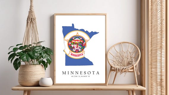 Minnesota Map Print Latitude Longitude Coordinates Flag Poster Wall Art Home Dcor