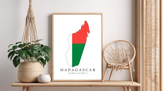 Madagascar Map Print Flag Latitude Longitude Coordinates Poster Wall Art Home Dcor