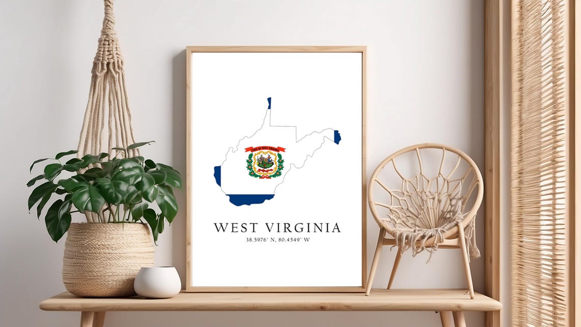 West Virginia Map Print Flag Latitude Longitude Coordinates Poster Wall Art Home Dcor