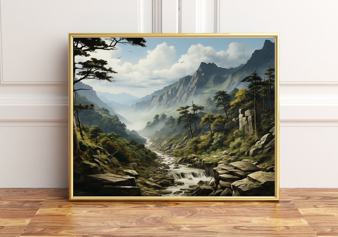 Misty Mountain Valley River Pines Atmospheric Landscape Wall Art