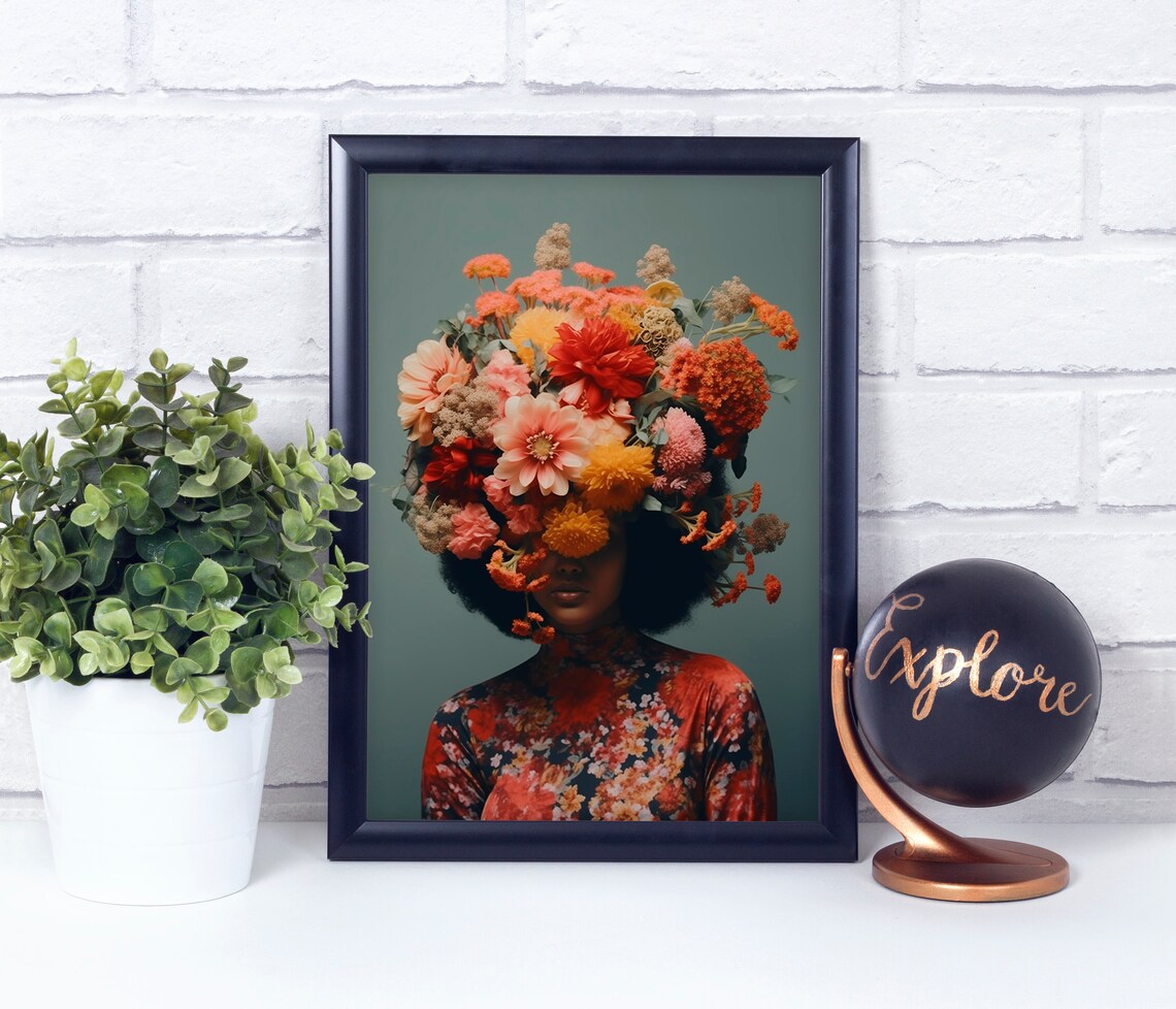 Black Woman with Red Floral Crown on Sage Green Floral Art Print