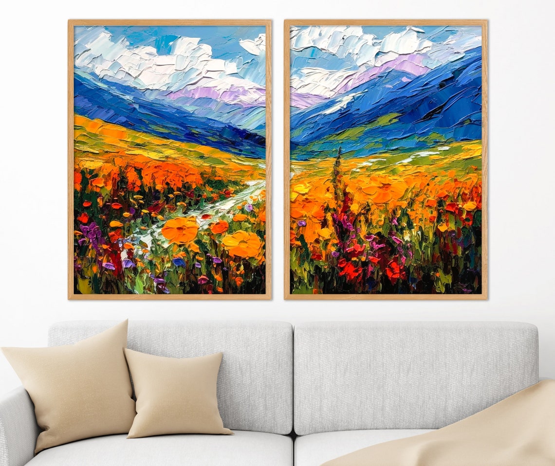 Orange Poppy Fields Mountain Landscape Impasto Two Piece Art Poster