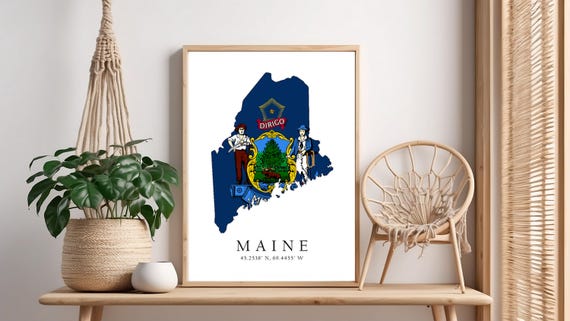 Maine Map Print Latitude Longitude Coordinates Flag Poster Wall Art Home Dcor