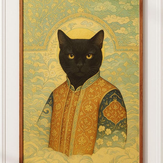 Mystical Black Cat Wall Art Ornate Feline Portrait Illustration Fantasy Poster For Unique Home Decor