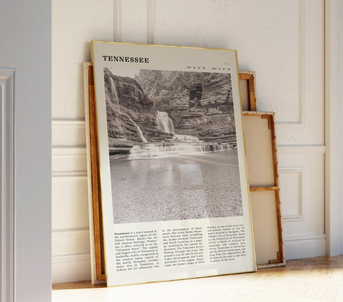 Tennessee Black White Poster Usa Waterfall Wall Art Print Idea For Nature And Music Lovers