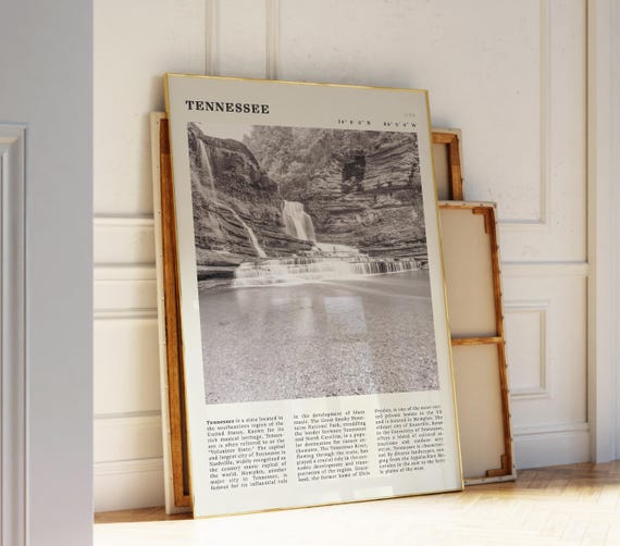 Tennessee Black White Poster Usa Waterfall Wall Art Print Idea For Nature And Music Lovers