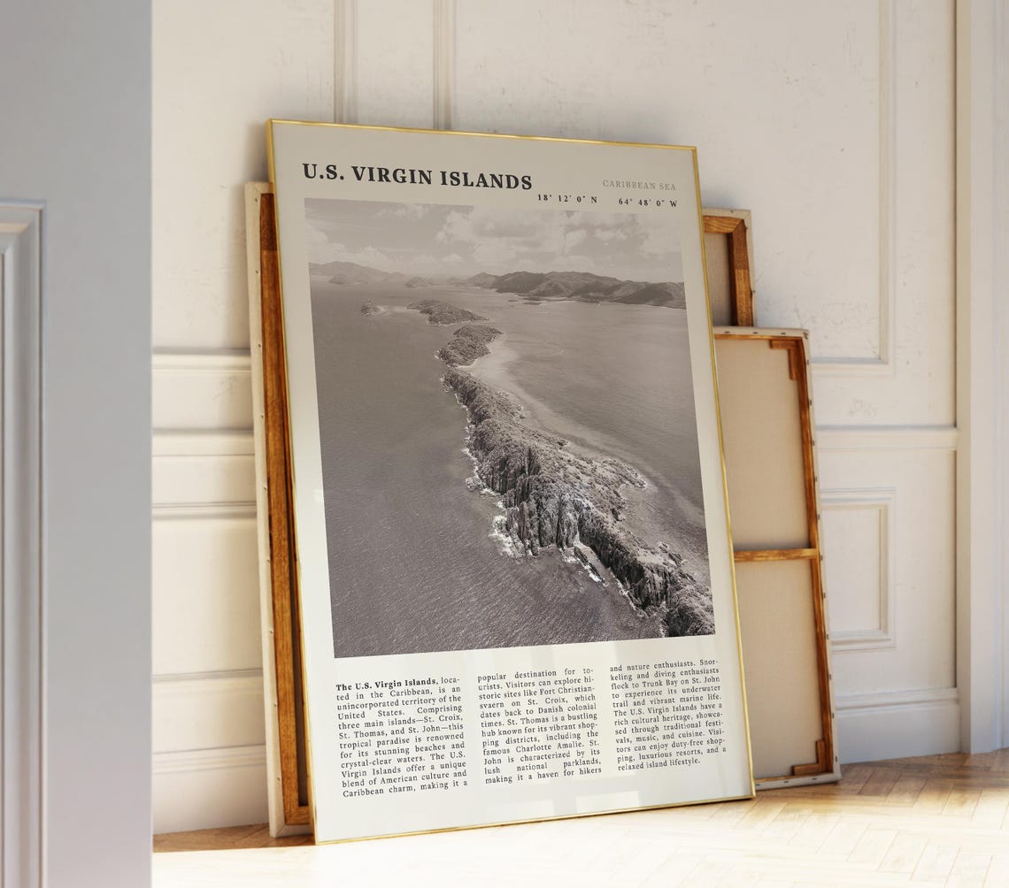 Us Virgin Islands Black White Poster Caribbean Coastline Wall Art Print Idea For Tropical Travel Lovers