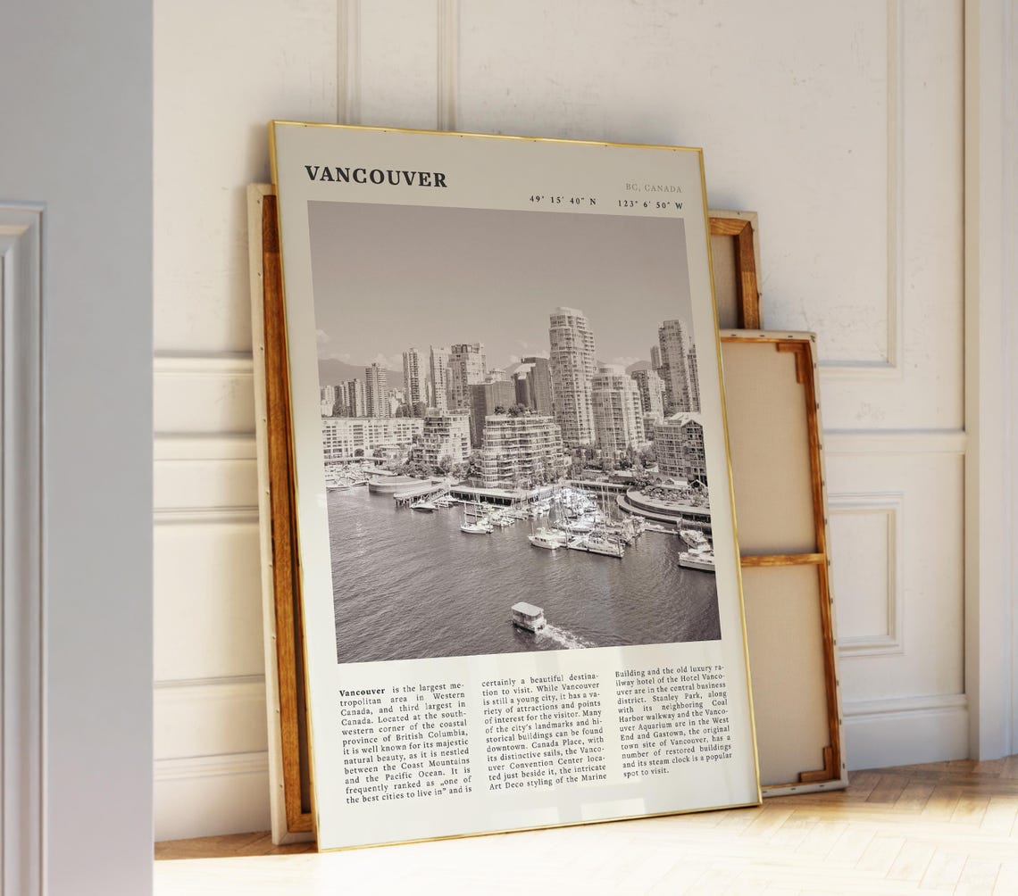Vancouver BC Canada Harbor Skyline Black and White Travel Poster