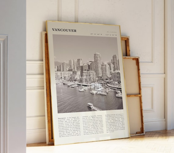 Vancouver BC Canada Harbor Skyline Black and White Travel Poster