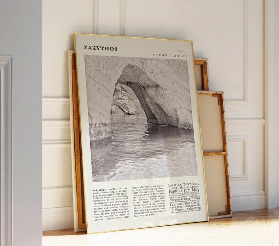 Zakynthos Greece Black and White Blue Caves Ionian Travel Poster