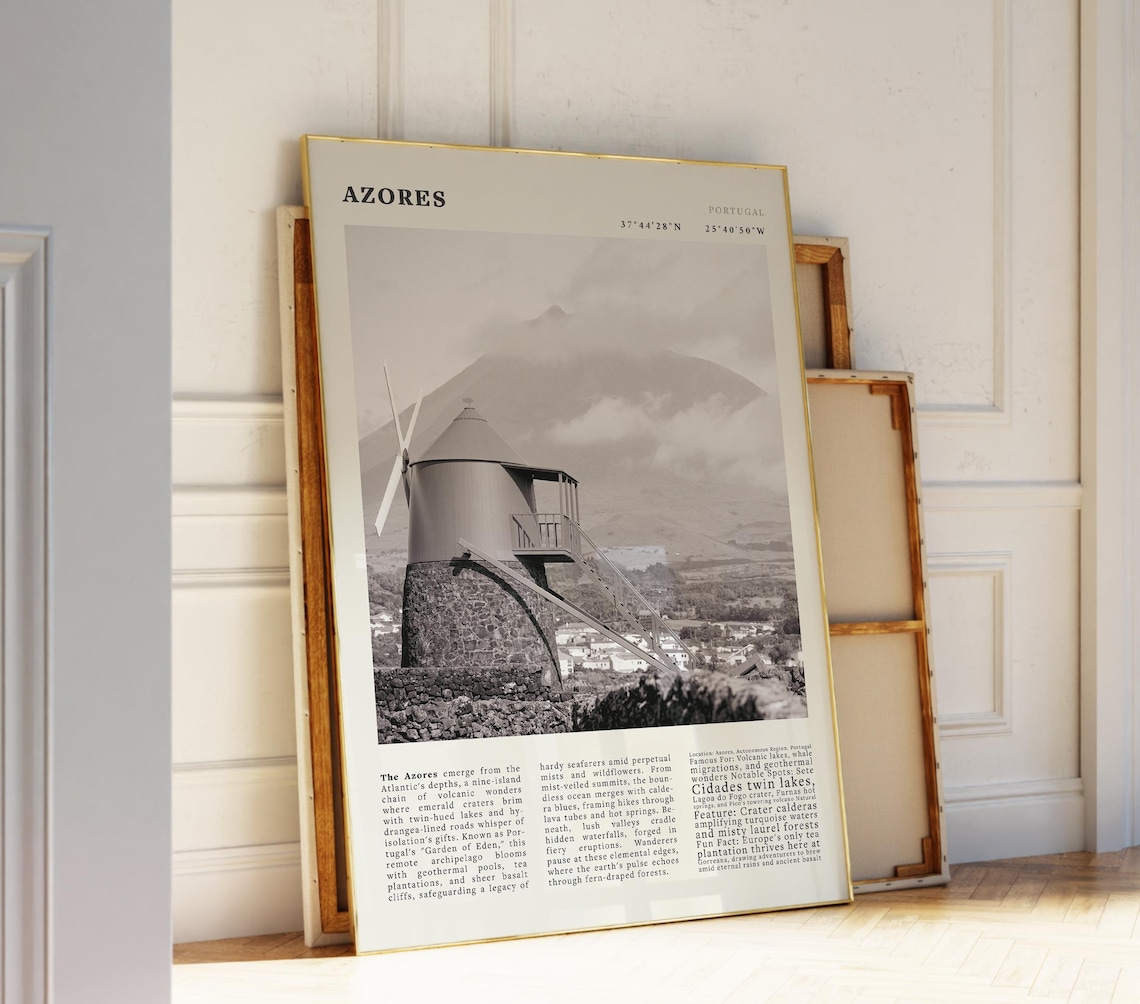Azores Portugal Windmill Volcano Mist Sepia Travel Photo Poster