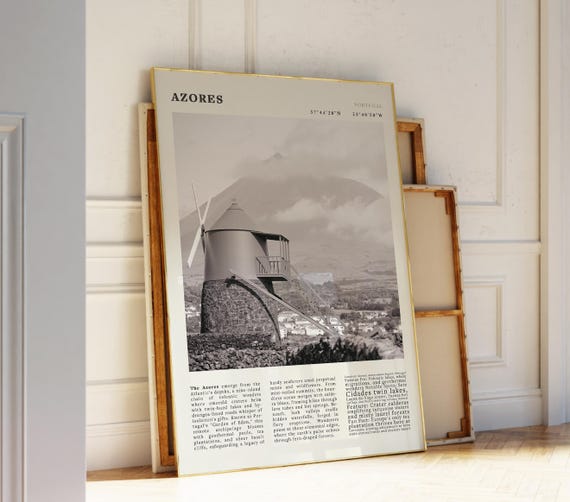 Azores Portugal Vintage Poster Volcanic Island Travel Print Atlantic Ocean Black White Wall Decor For Travelers