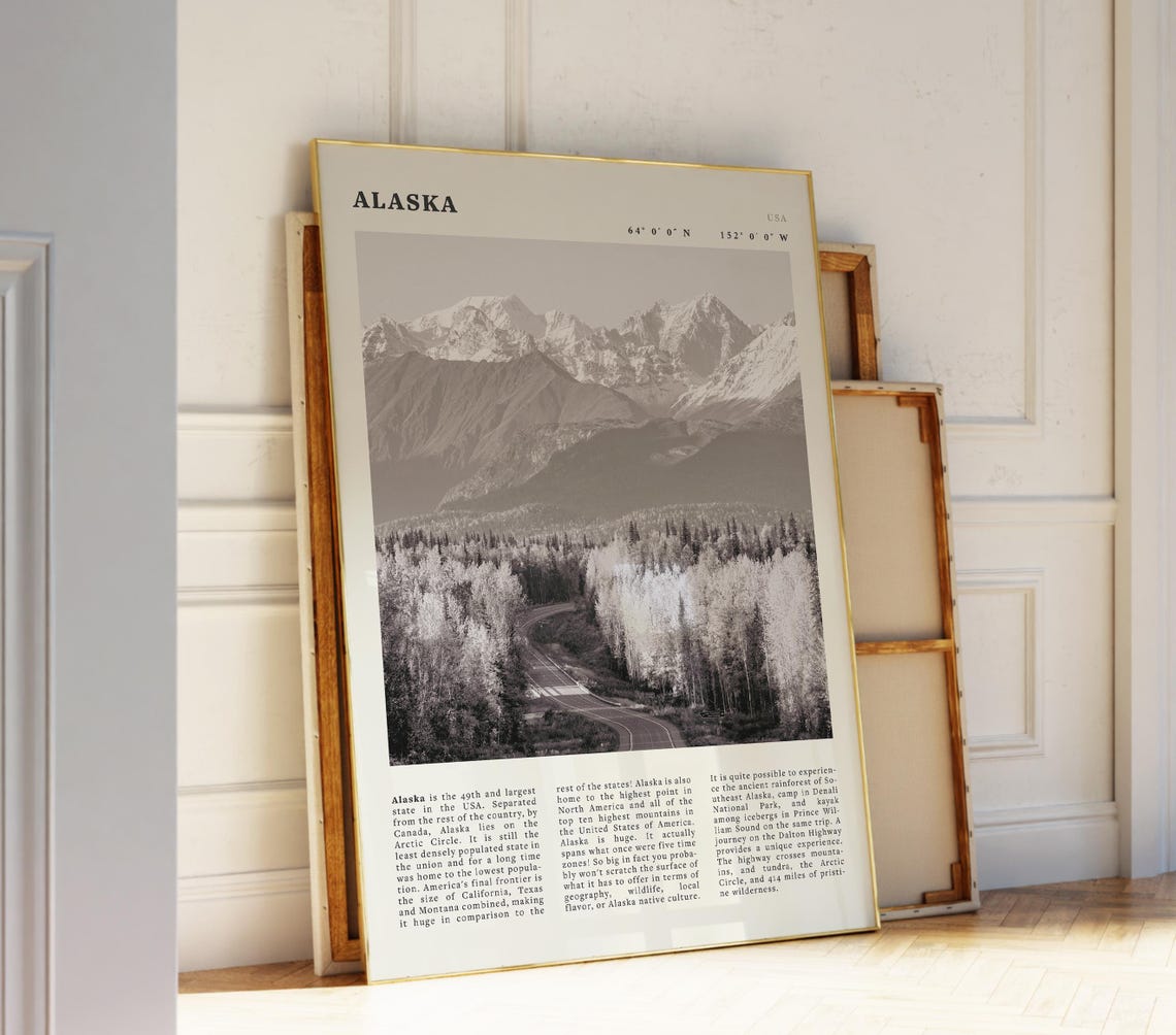 Alaska Black White Poster Vintage Usa Travel Print Arctic Wall Art Idea For Nature Lovers