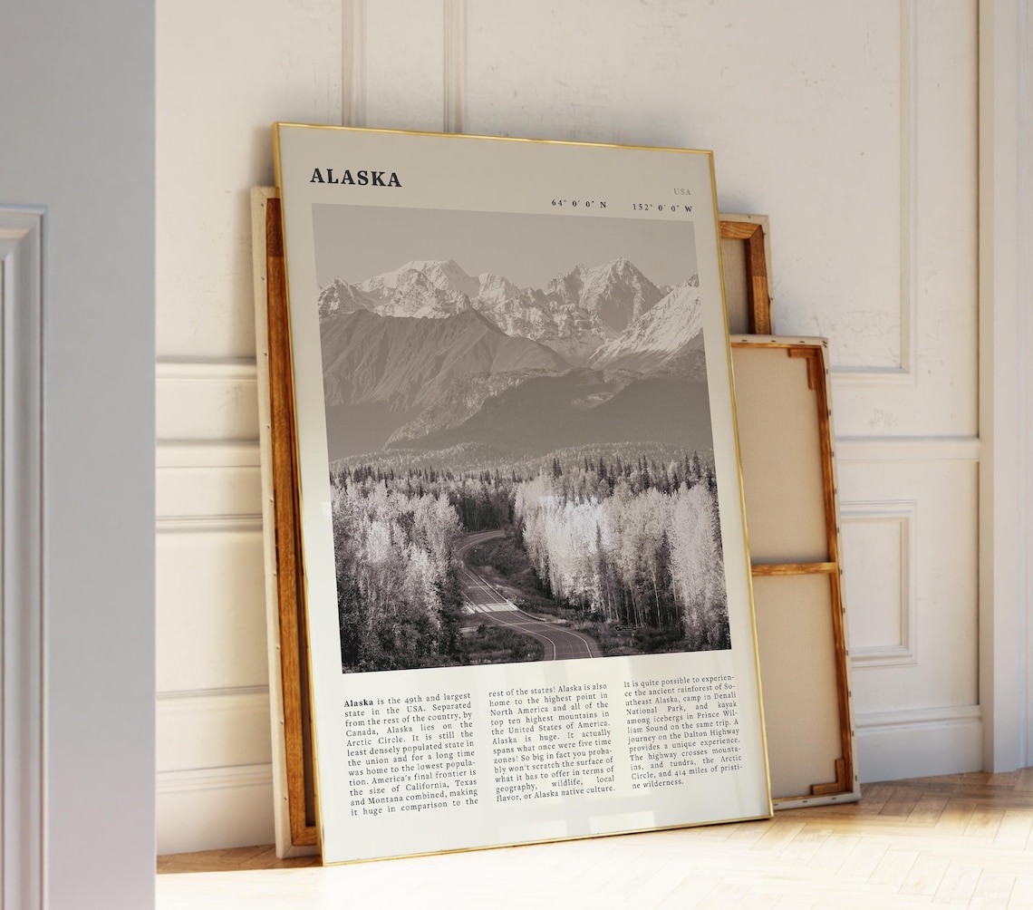 Alaska Black White Snowy Mountains Wilderness Travel Poster Coordinates