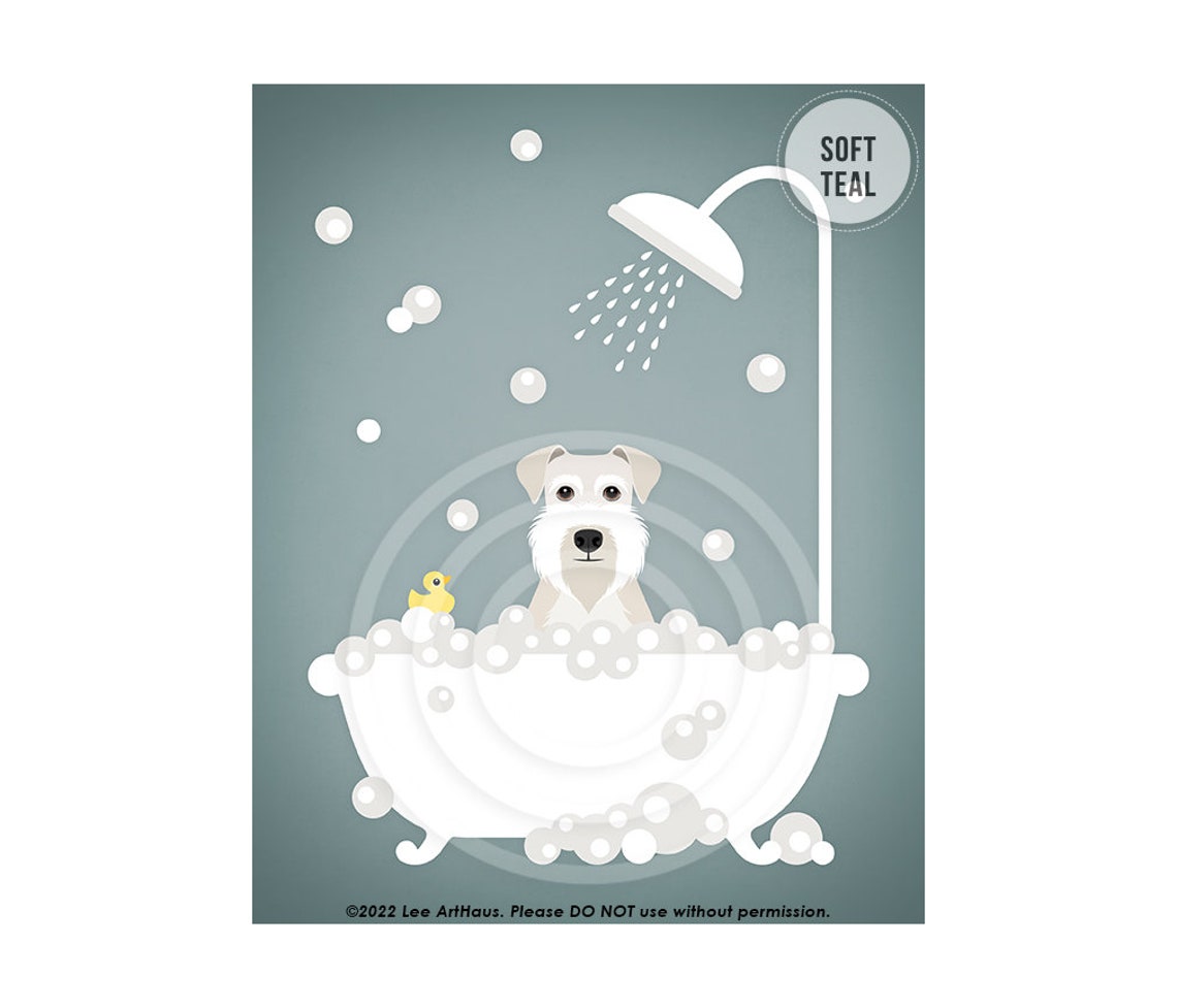 White Schnauzer Taking Bubble Bath Under Shower Cute Dog Poster - Image 4