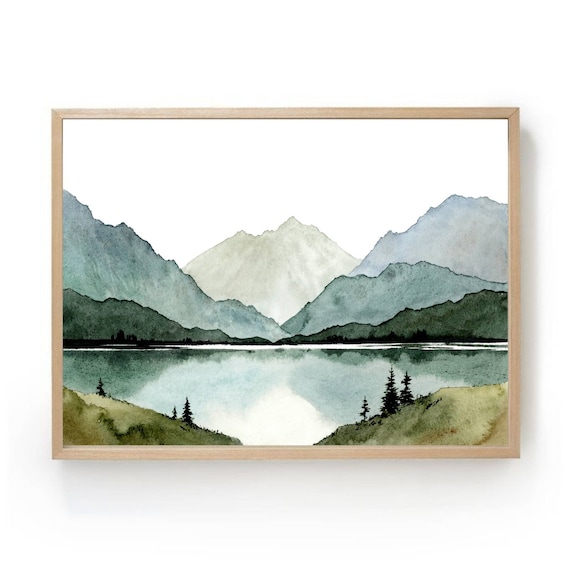 Mountain Lake Watercolor Wall Art, Minimalist Landscape
